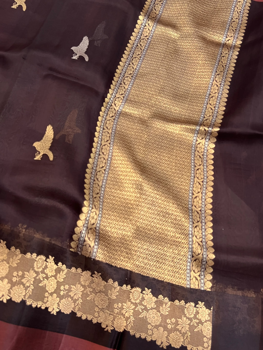 Coffee Brown Pure Kora Silk Handloom Banarasi Saree