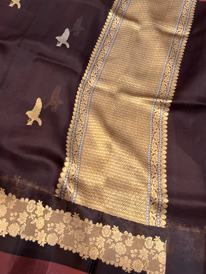 Coffee Brown Pure Kora Silk Handloom Banarasi Saree