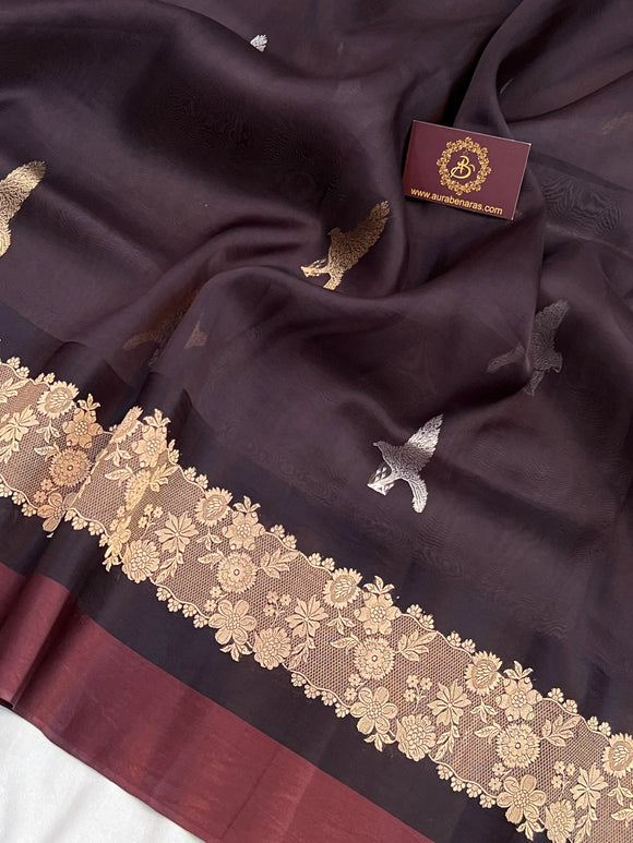 Coffee Brown Pure Kora Silk Handloom Banarasi Saree