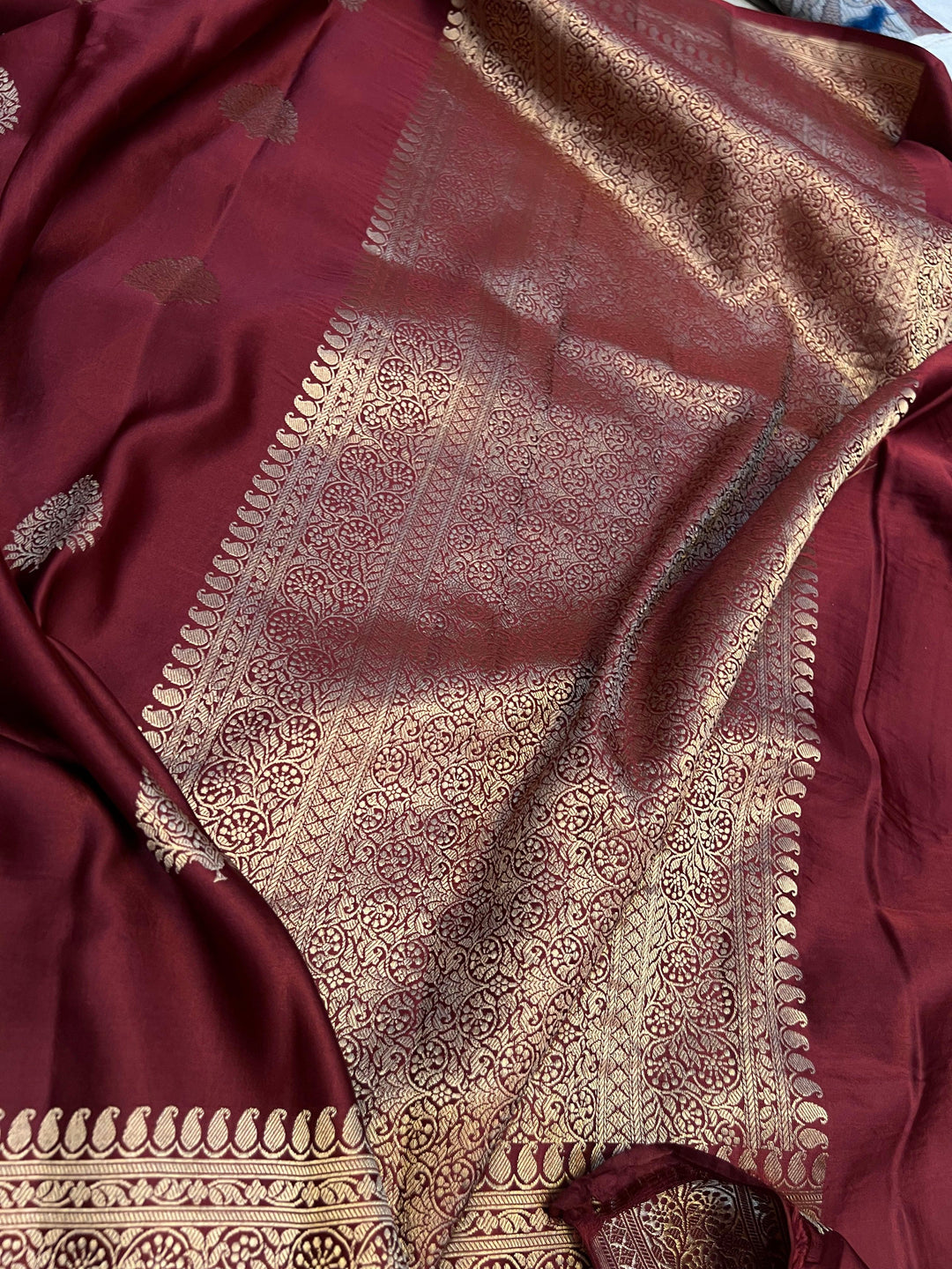 Handwoven pure Banarasi Mashru silk saree with Kadhwa motifs and golden zari border