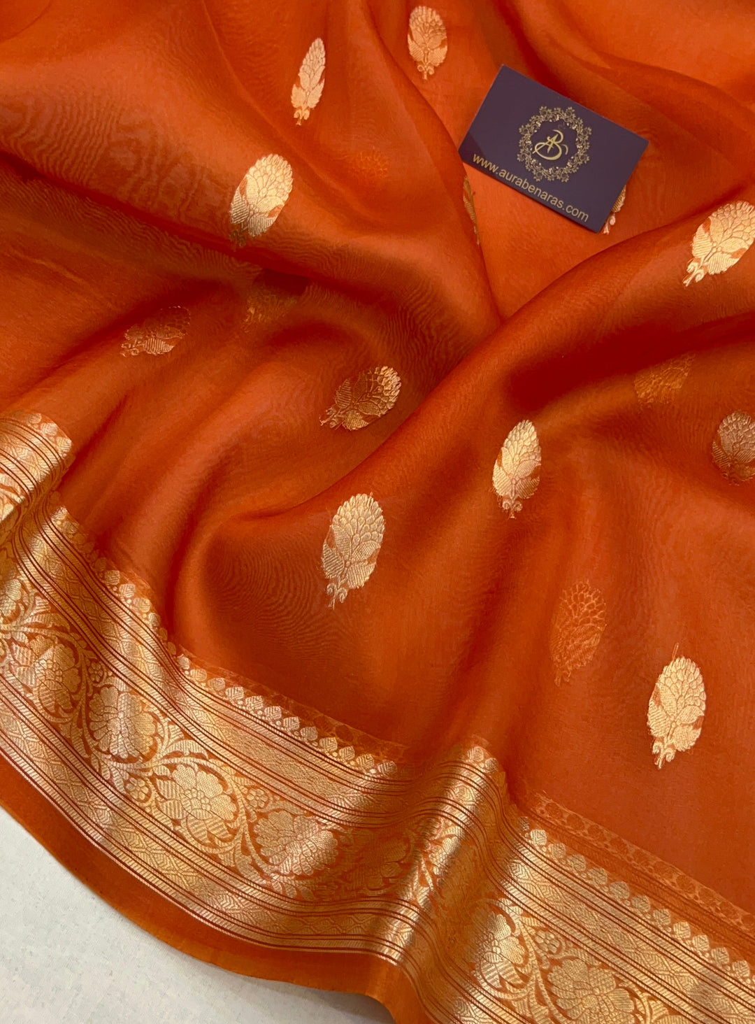 Rust Orange Banarasi Kora Organza Saree with Gold Zari Work
