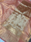 Peach Banarasi Handloom Organza Tissue Silk Saree - Aura Benaras