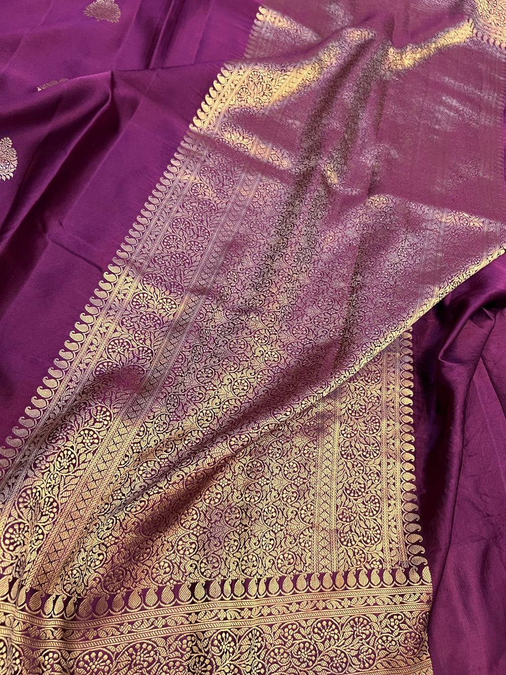 Handwoven pure Banarasi Mashru silk saree with Kadhwa motifs and golden zari border