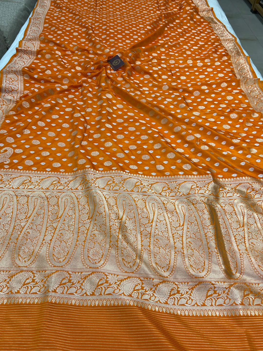 Orange  Pure Banarasi Handloom Katan Silk Saree - Aura Benaras