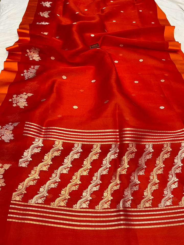 Orange Pure Kora Silk Handloom Banarasi Saree