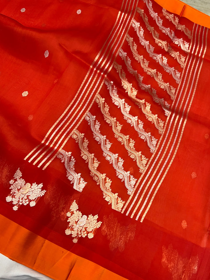 Orange Pure Kora Silk Handloom Banarasi Saree