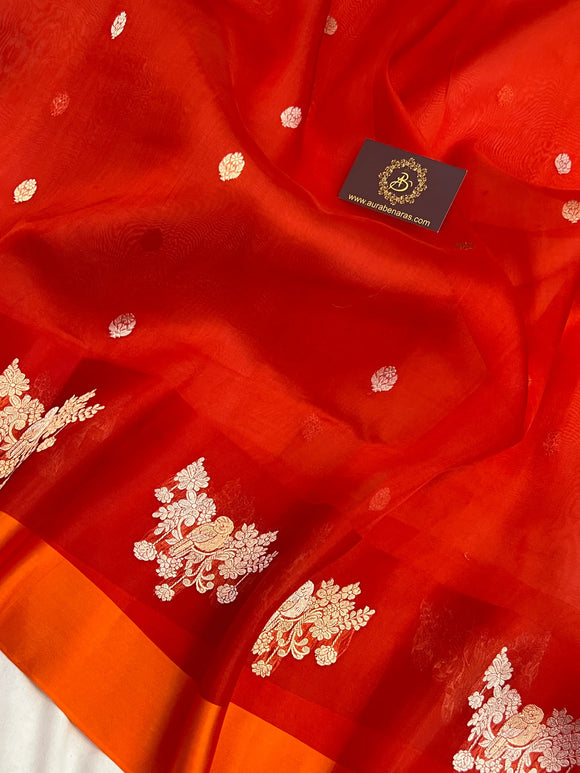Orange Pure Kora Silk Handloom Banarasi Saree