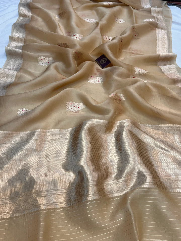 Beige Pure Kora Silk Handloom Banarasi Saree