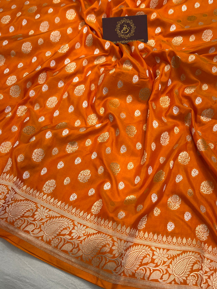 Orange  Pure Banarasi Handloom Katan Silk Saree - Aura Benaras