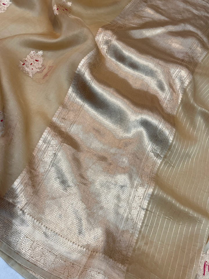Beige Pure Kora Silk Handloom Banarasi Saree