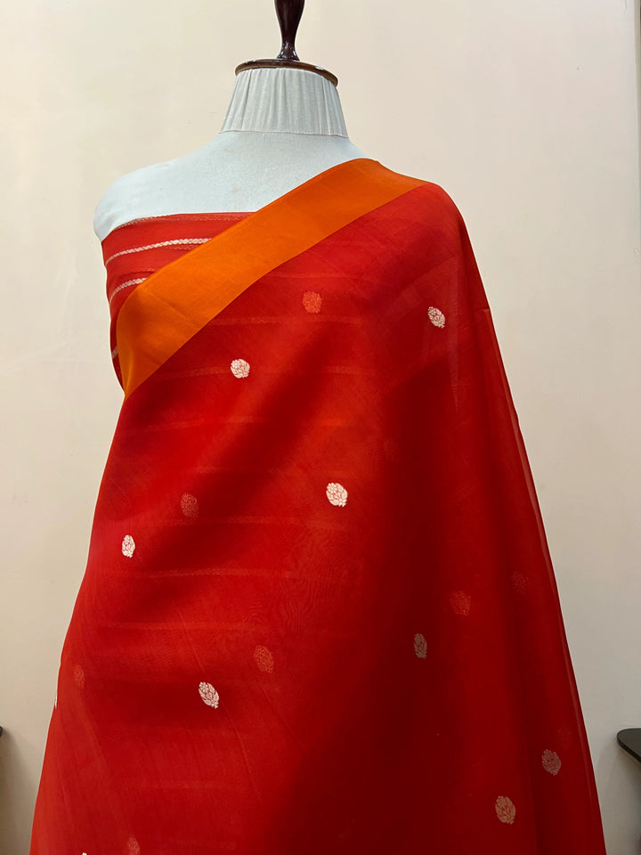 Orange Pure Kora Silk Handloom Banarasi Saree