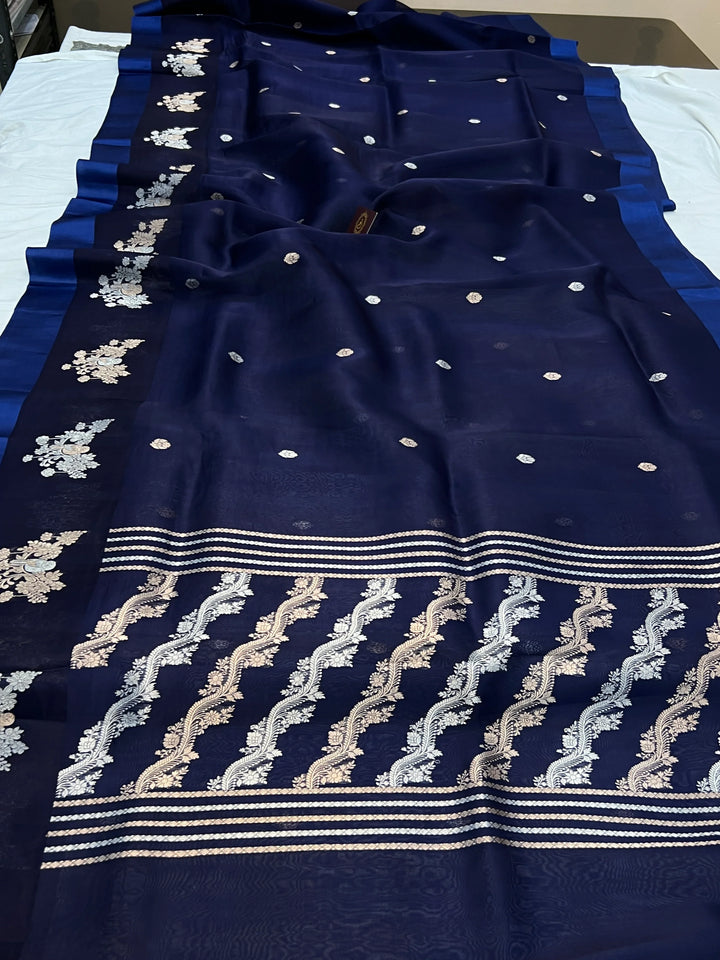 Navy Pure Kora Silk Handloom Banarasi Saree