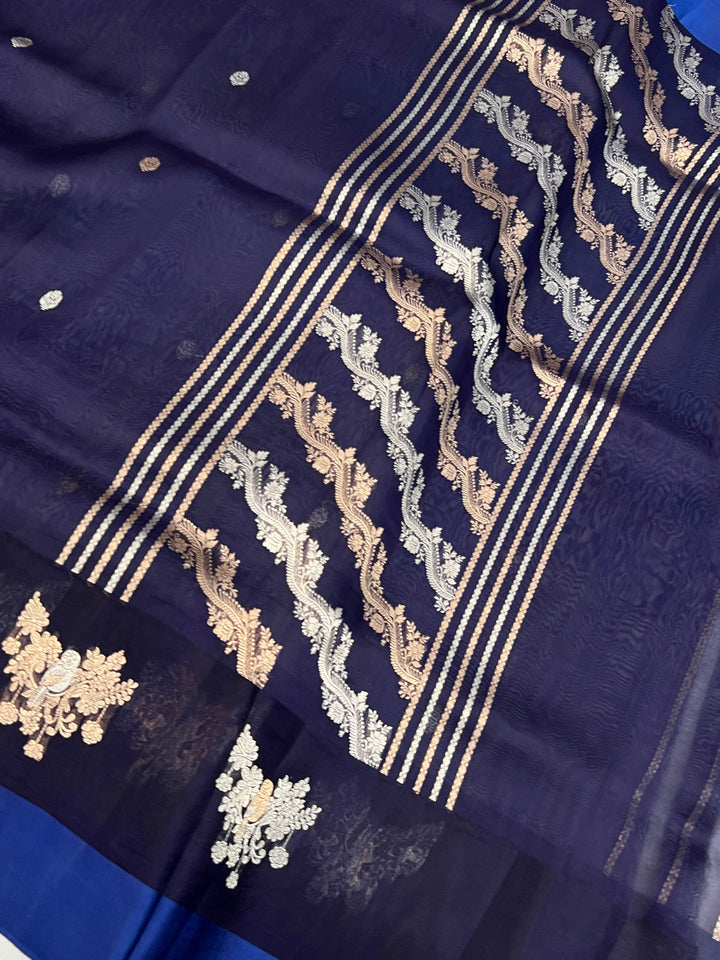 Navy Pure Kora Silk Handloom Banarasi Saree