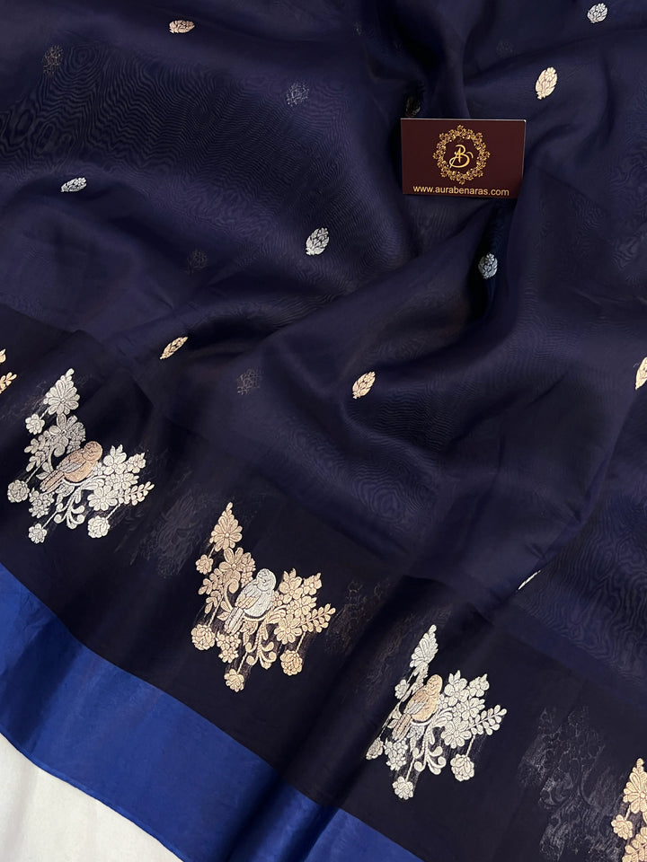 Navy Pure Kora Silk Handloom Banarasi Saree