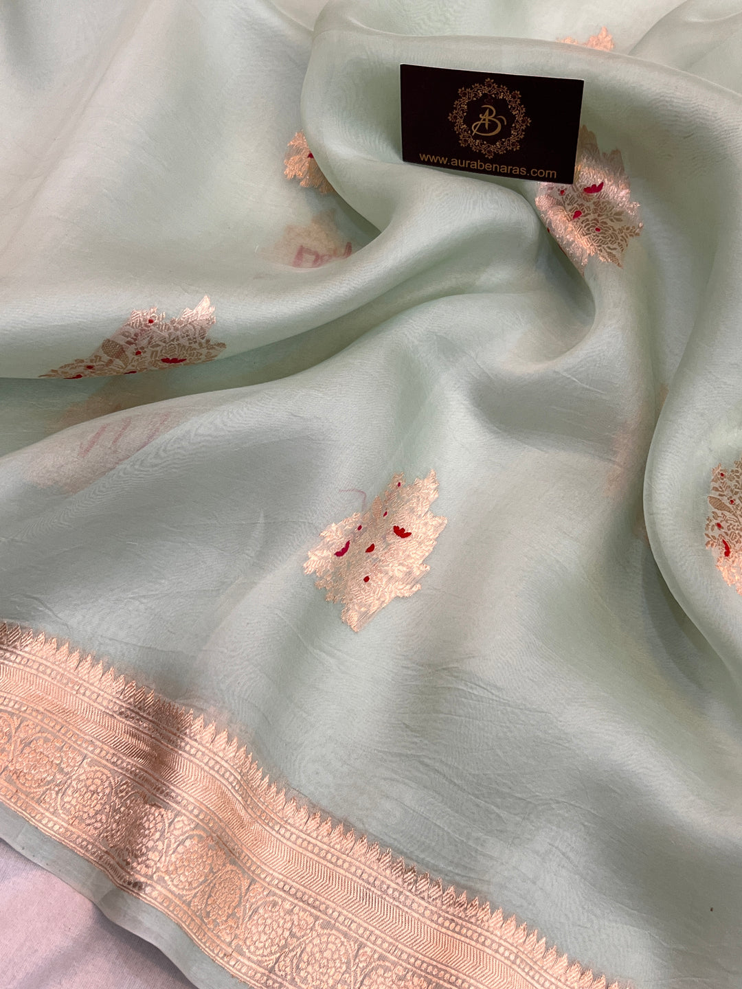 Pastel Mint Green Pure Kora Silk Handloom Banarasi Saree