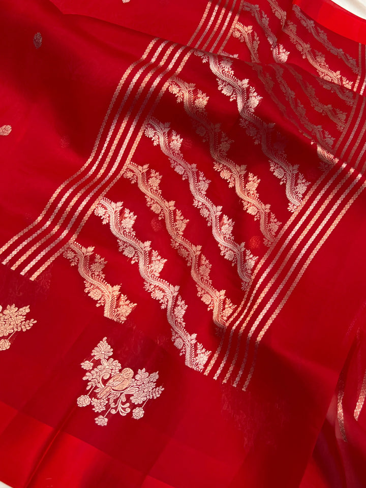 Red Pure Kora Silk Handloom Banarasi Saree