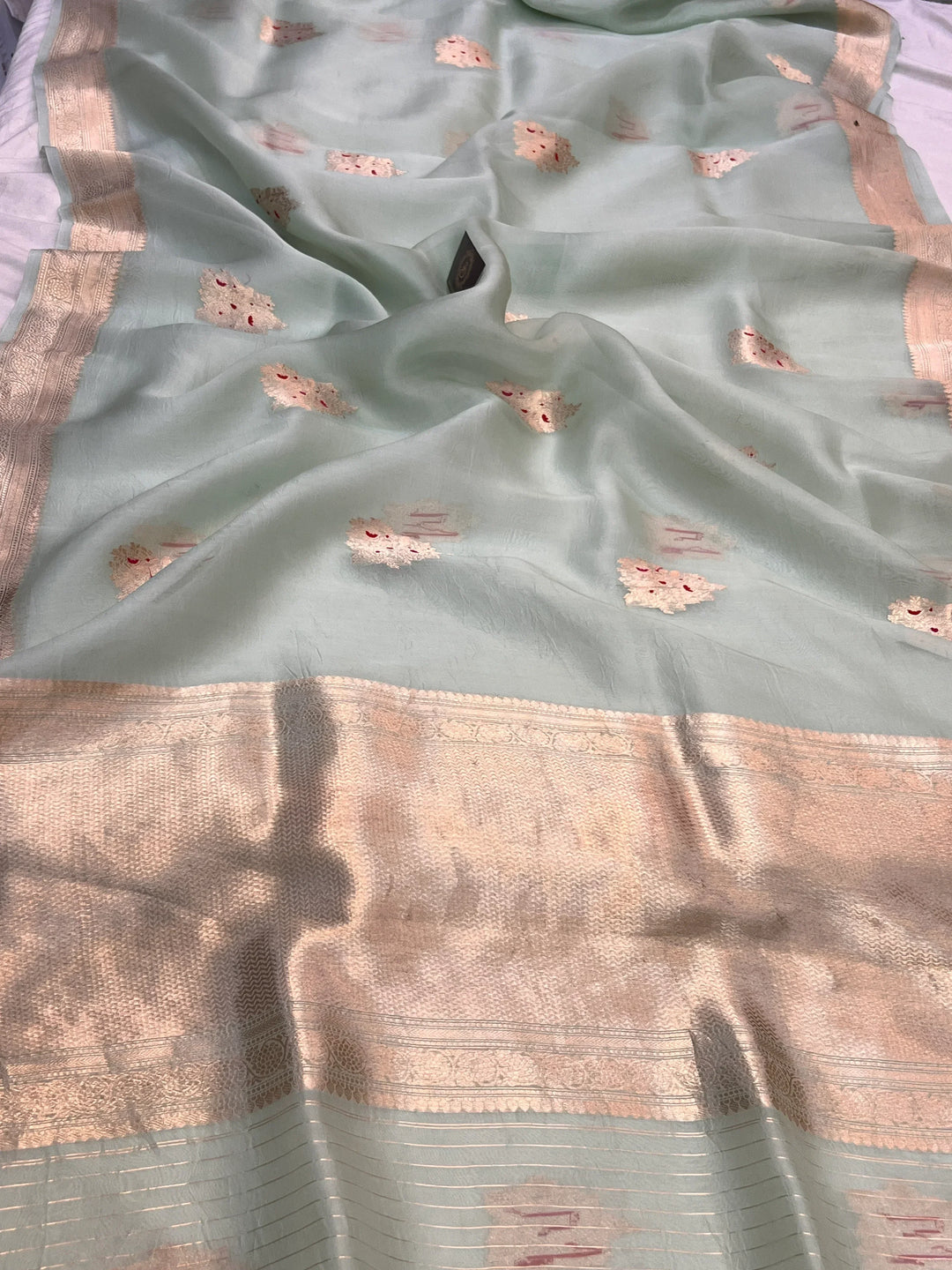 Pastel Mint Green Pure Kora Silk Handloom Banarasi Saree