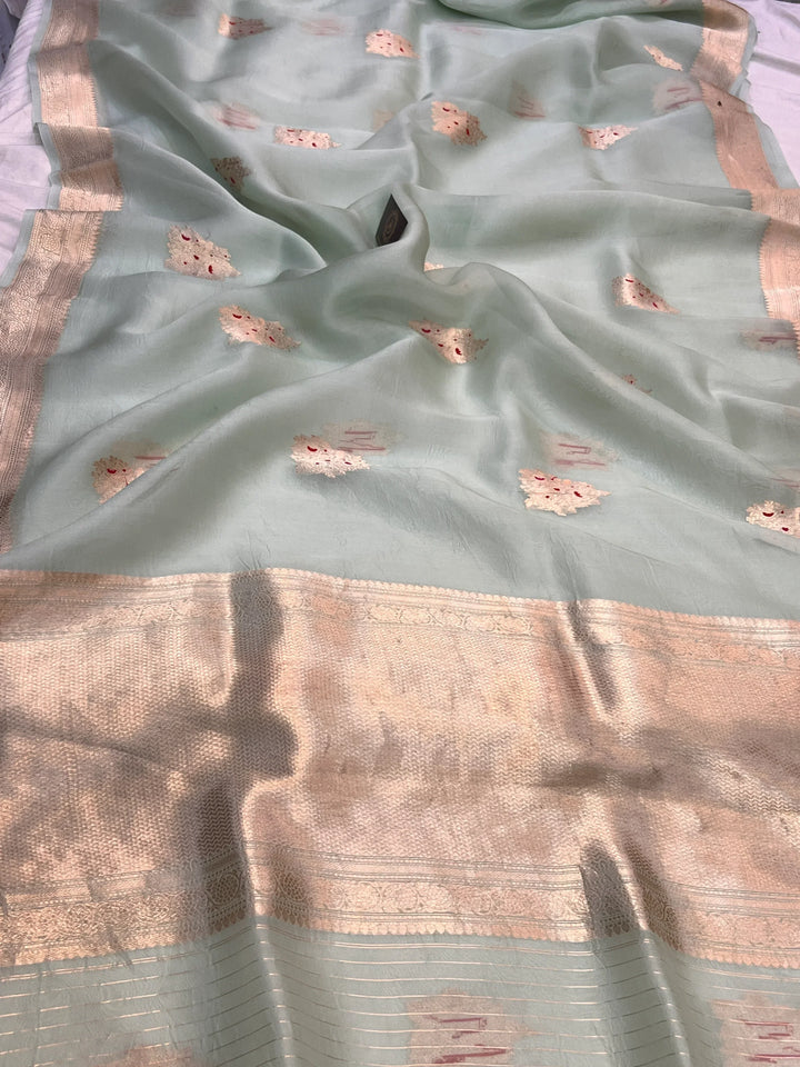 Pastel Mint Green Pure Kora Silk Handloom Banarasi Saree