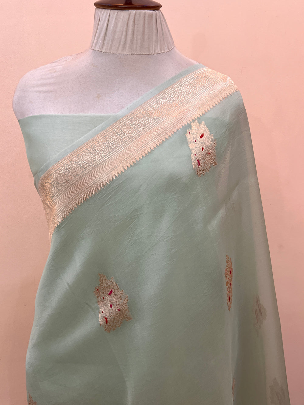 Pastel Mint Green Pure Kora Silk Handloom Banarasi Saree