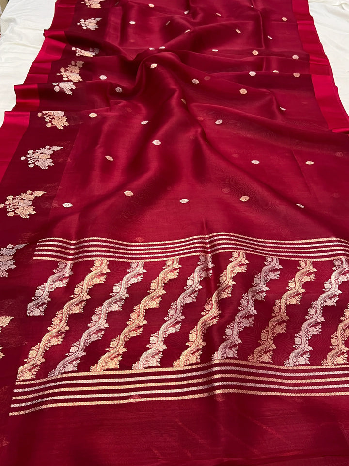 Maroon Pure Kora Silk Handloom Banarasi Saree