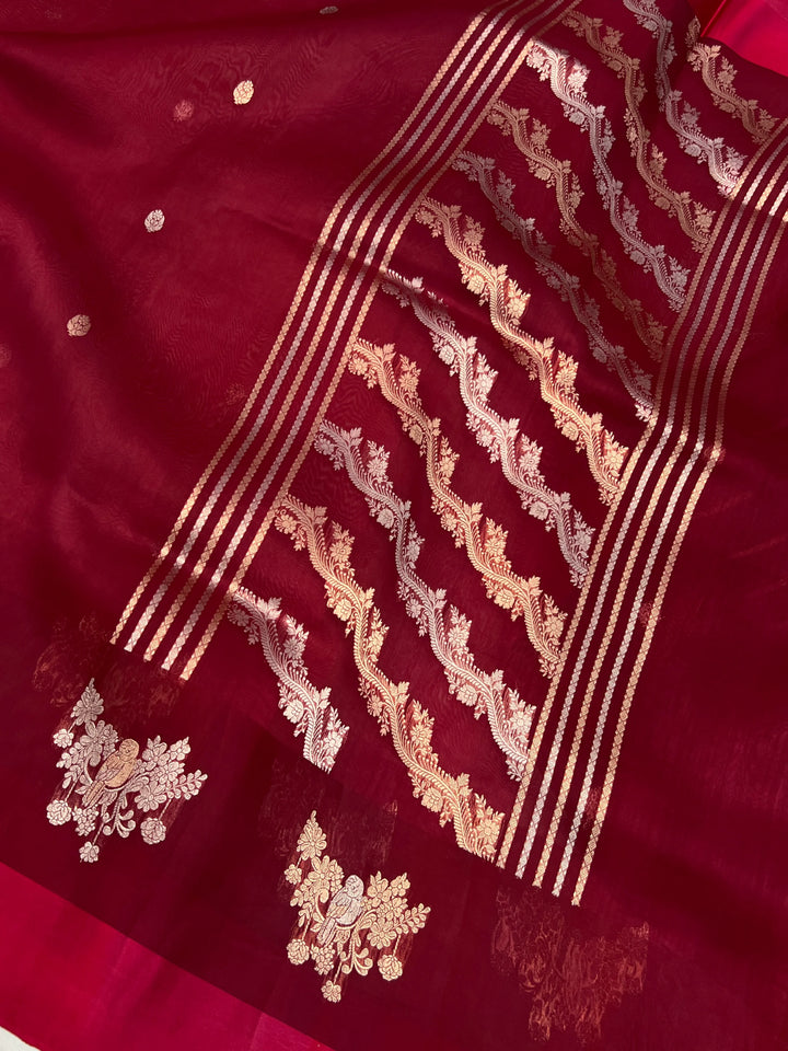 Maroon Pure Kora Silk Handloom Banarasi Saree