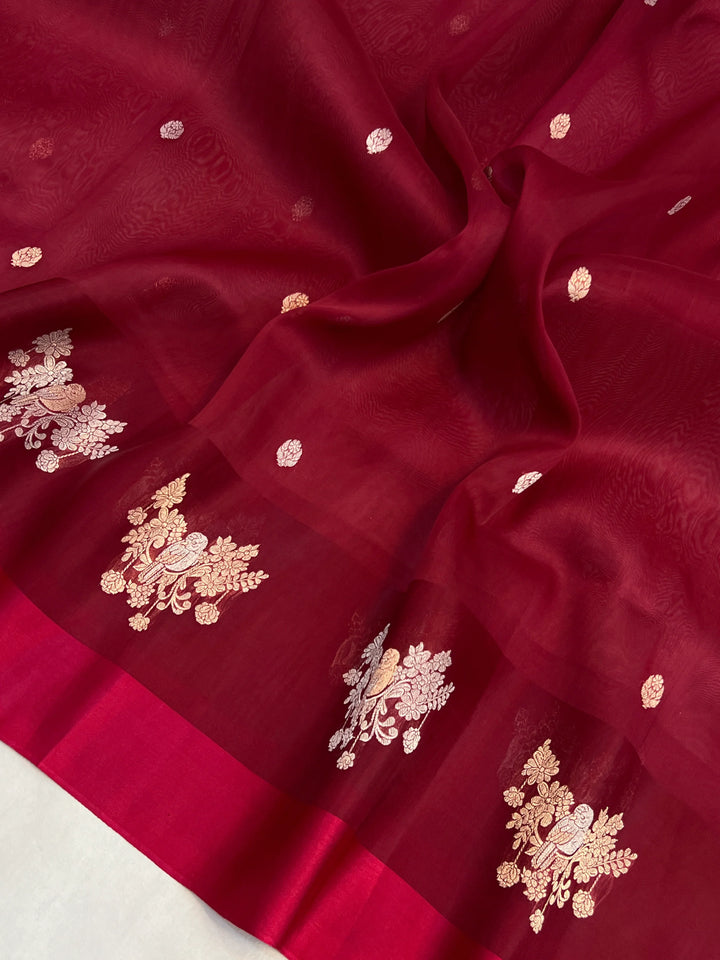 Maroon Pure Kora Silk Handloom Banarasi Saree