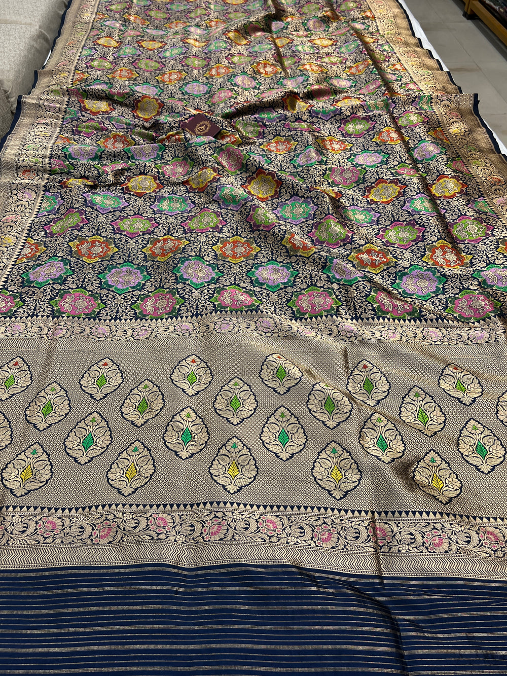 Buy Navy Blue Rangkaat Banarasi Katan Silk Saree - AuraBenaras