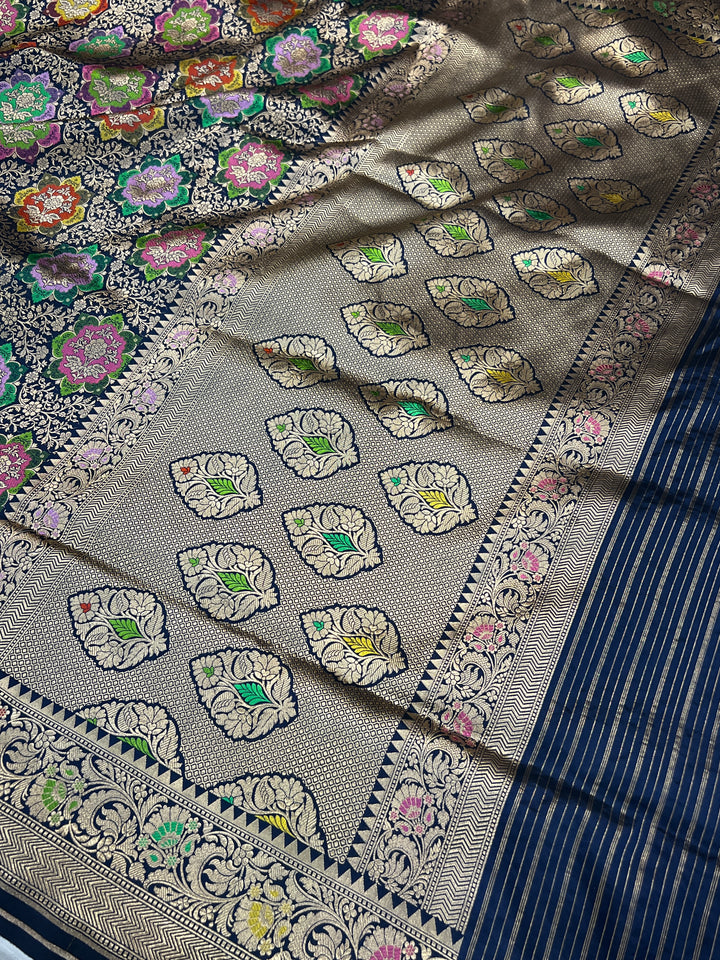 Buy Navy Blue Rangkaat Banarasi Katan Silk Saree - AuraBenaras