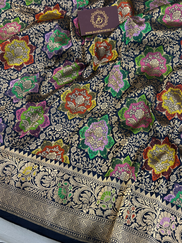 Buy Navy Blue Rangkaat Banarasi Katan Silk Saree - AuraBenaras