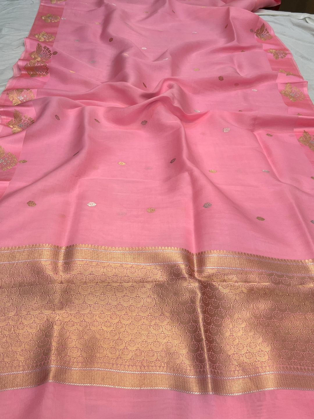 Baby Pink Pure Katan Organza Silk Handloom Banarasi Saree