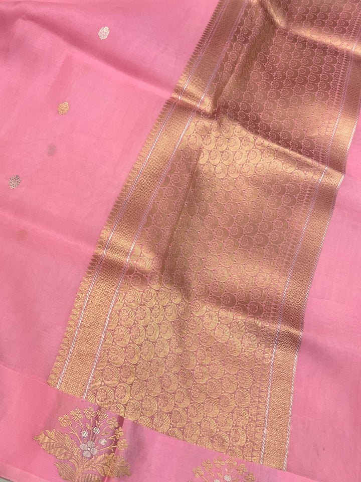 Baby Pink Pure Katan Organza Silk Handloom Banarasi Saree