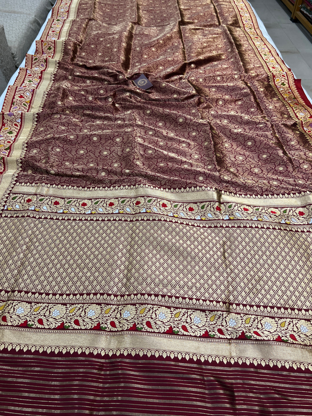 Wine Katan Silk Saree with Kadhwa Meenakari Buti & Border