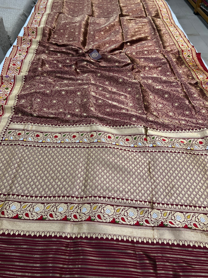 Wine Katan Silk Saree with Kadhwa Meenakari Buti & Border