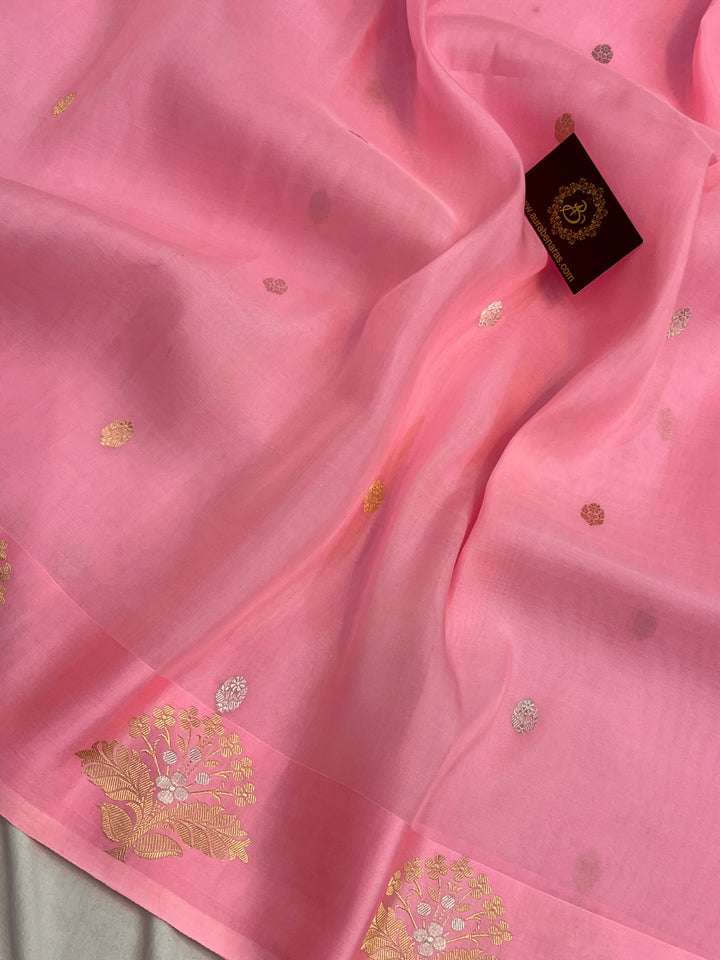 Baby Pink Pure Katan Organza Silk Handloom Banarasi Saree