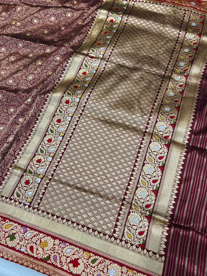 Wine Katan Silk Saree with Kadhwa Meenakari Buti & Border