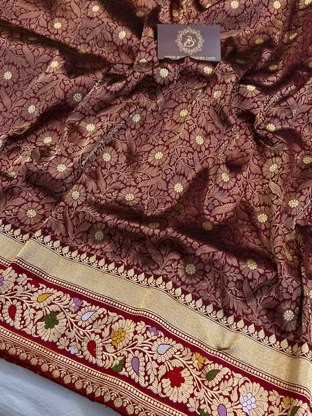 Wine Katan Silk Saree with Kadhwa Meenakari Buti & Border