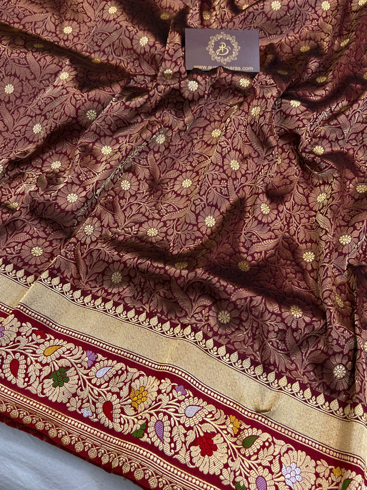 Wine Katan Silk Saree with Kadhwa Meenakari Buti & Border