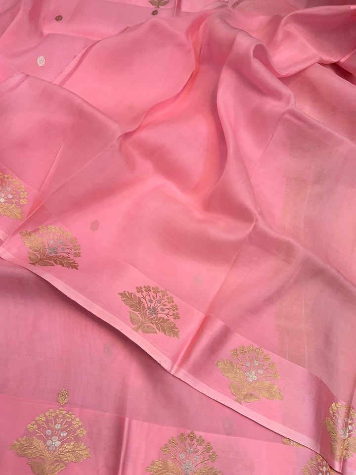 Baby Pink Pure Katan Organza Silk Handloom Banarasi Saree