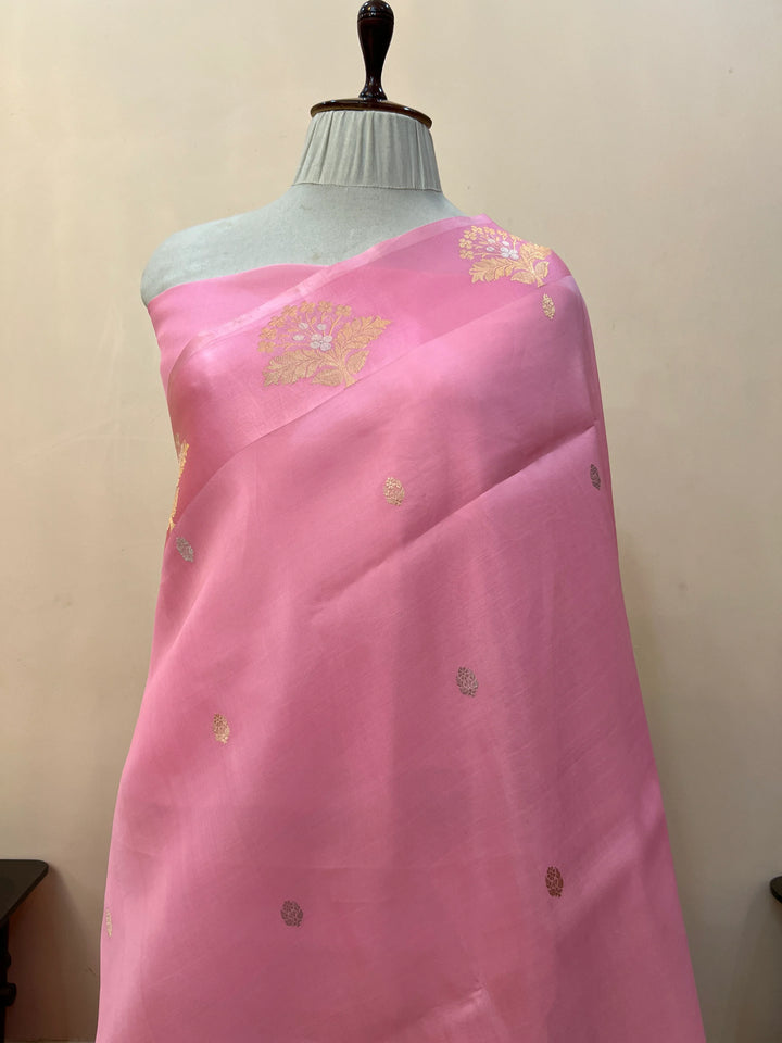 Baby Pink Pure Katan Organza Silk Handloom Banarasi Saree 