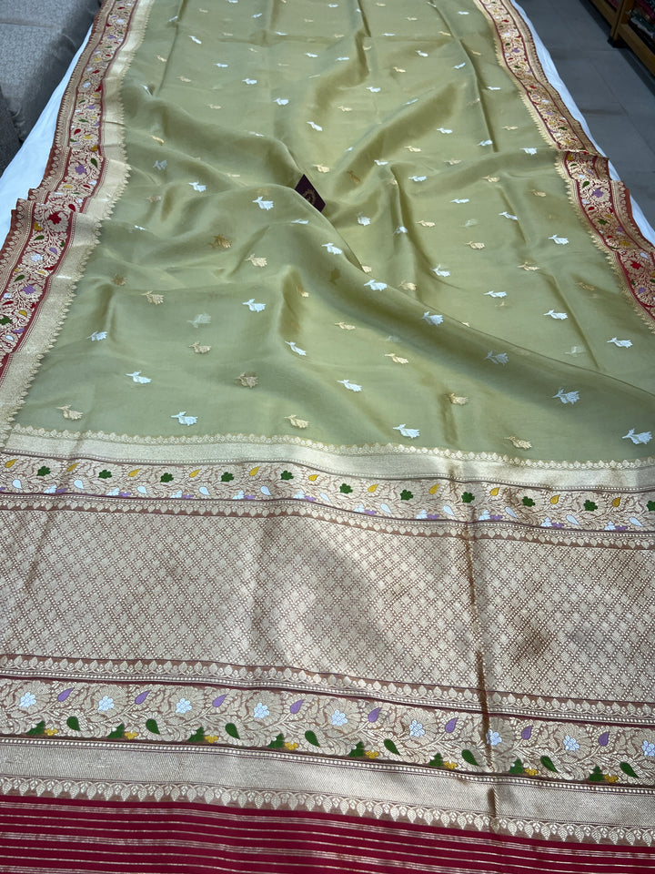  Dull Pista Green Banarasi Handloom Kora Silk Saree - Aura Benaras
