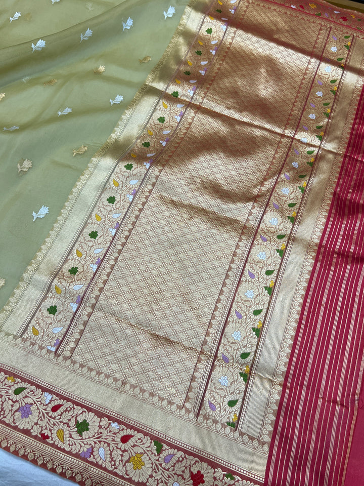  Dull Pista Green Banarasi Handloom Kora Silk Saree - Aura Benaras