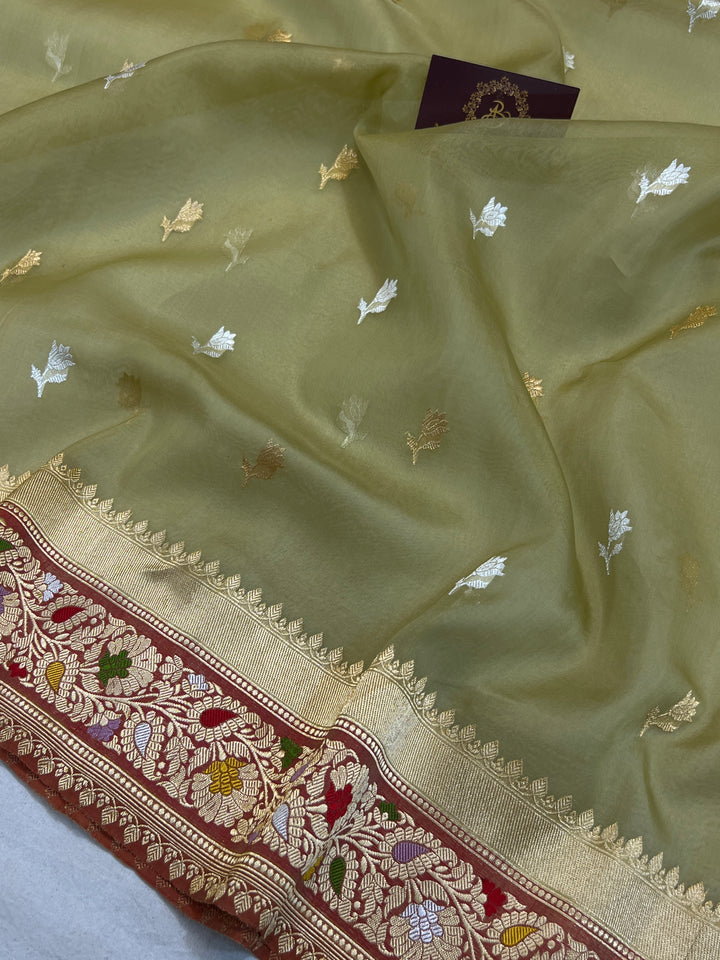  Dull Pista Green Banarasi Handloom Kora Silk Saree - Aura Benaras