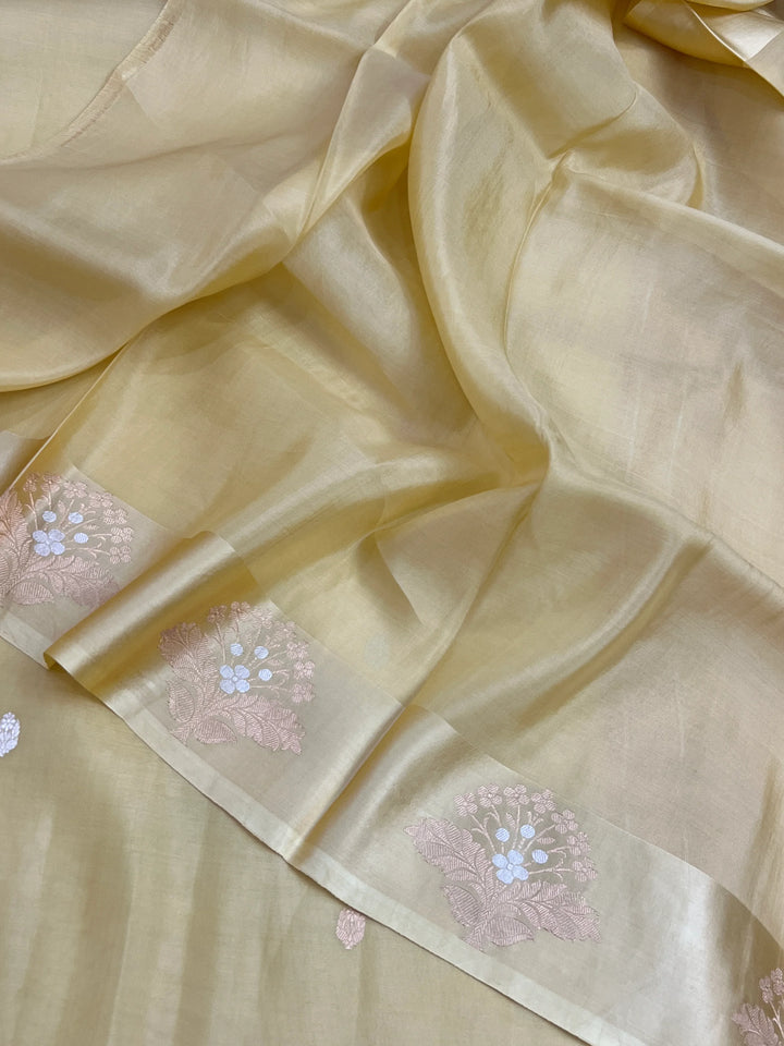 Pastel Yellow Pure Katan Organza Silk Handloom Banarasi Saree