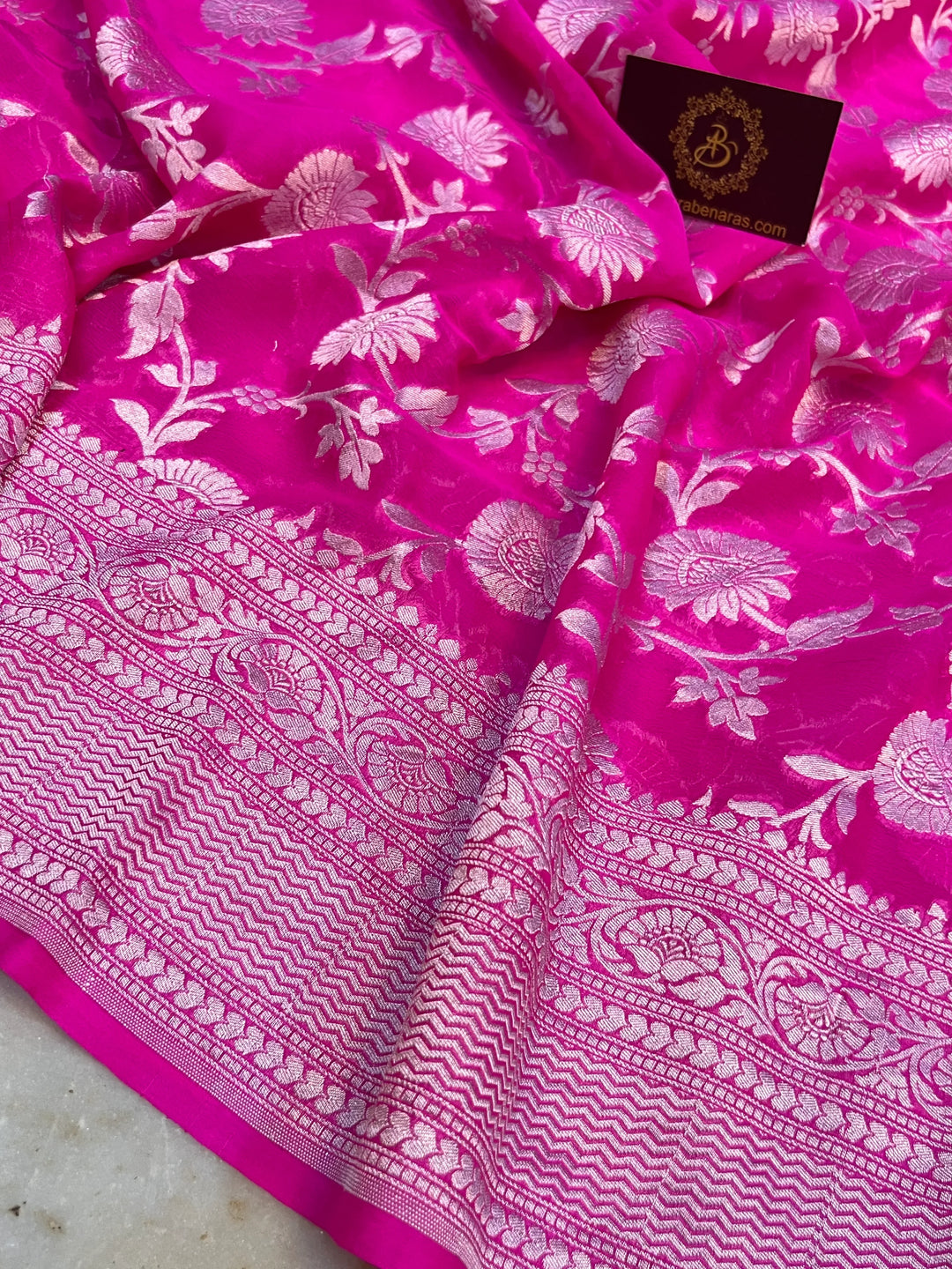 Rani Pink Pure Banarasi Khaddi georgette saree with floral jaal