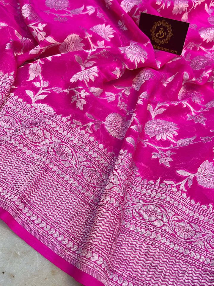 Rani Pink Pure Banarasi Khaddi georgette saree with floral jaal