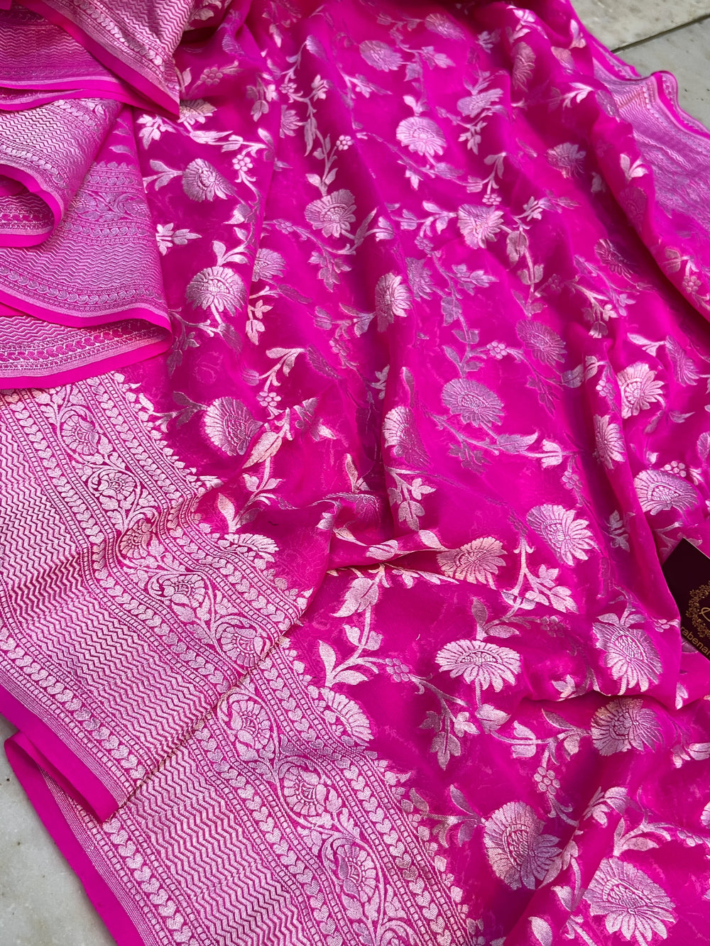 Rani Pink Pure Banarasi Khaddi georgette saree with floral jaal