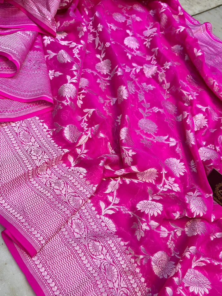 Rani Pink Pure Banarasi Khaddi georgette saree with floral jaal