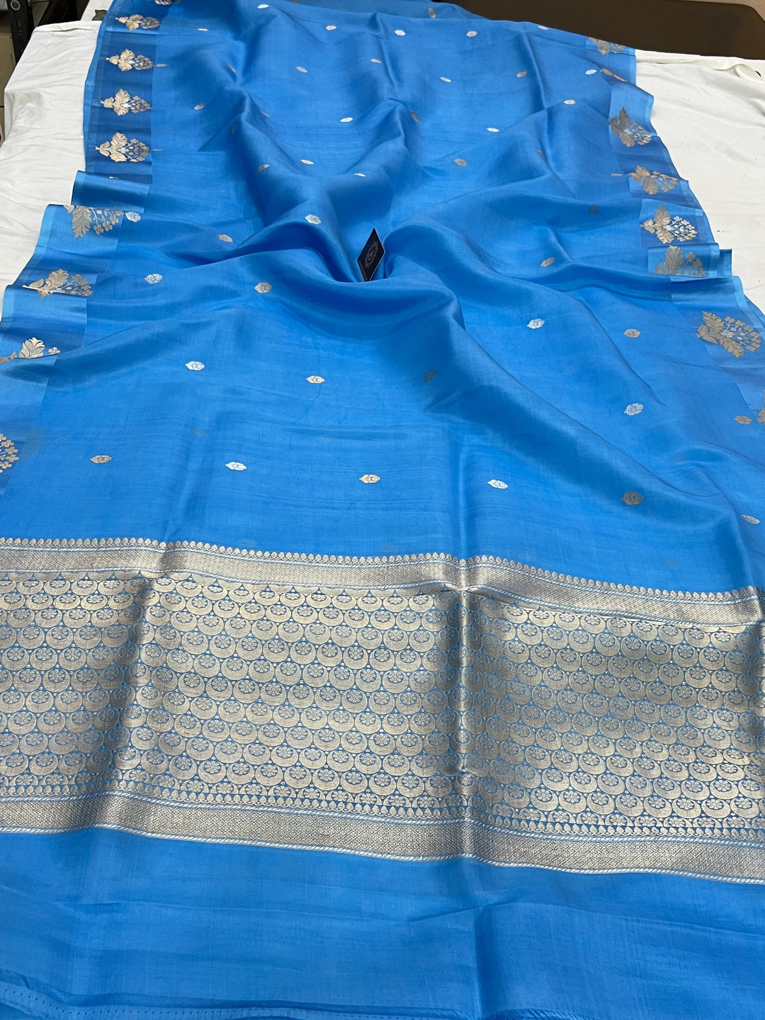 Sky Blue Pure Katan Organza Silk Handloom Banarasi Saree