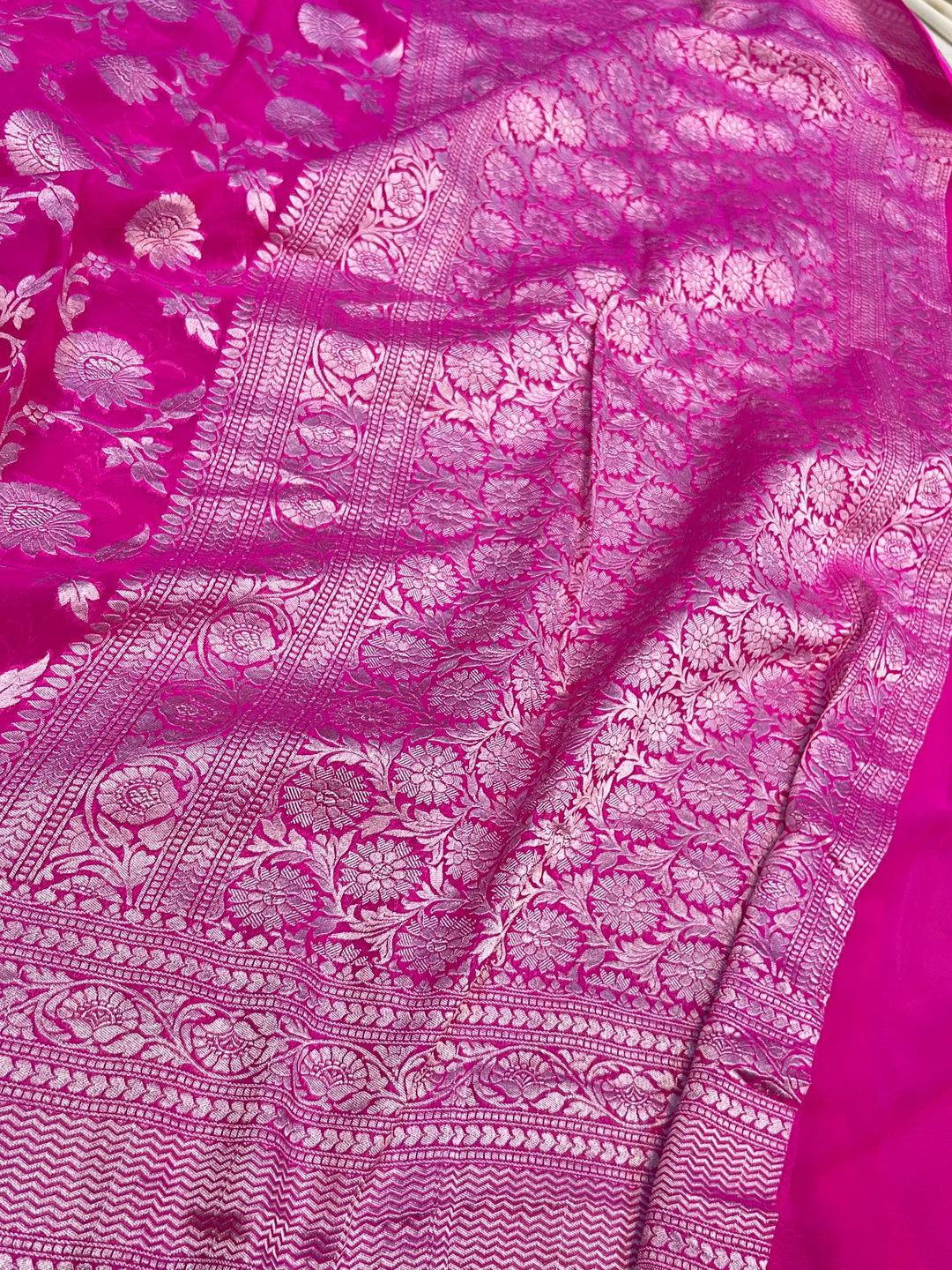 Rani Pink Pure Banarasi Khaddi georgette saree with floral jaal