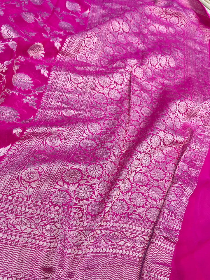 Rani Pink Pure Banarasi Khaddi georgette saree with floral jaal
